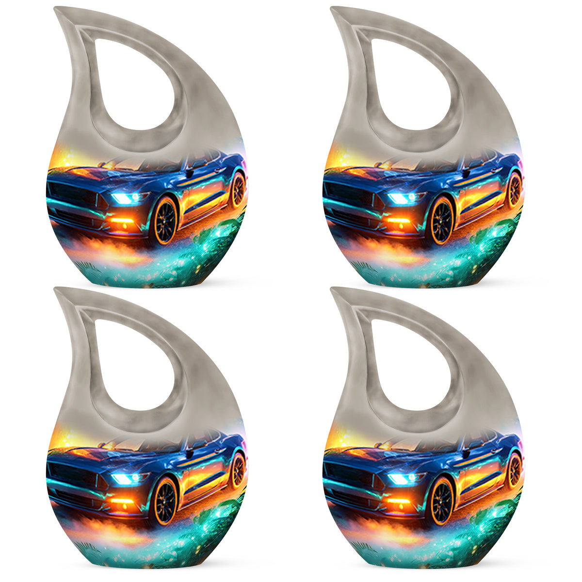 Vivid Teal Car Cremation Urn lifestyle display on memorial shelf - faith-inspired cross-drop urn with car pattern - 10 inch aluminum urn for cremated remains
