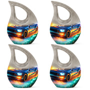 Vivid Teal Car Cremation Urn lifestyle display on memorial shelf - faith-inspired cross-drop urn with car pattern - 10 inch aluminum urn for cremated remains