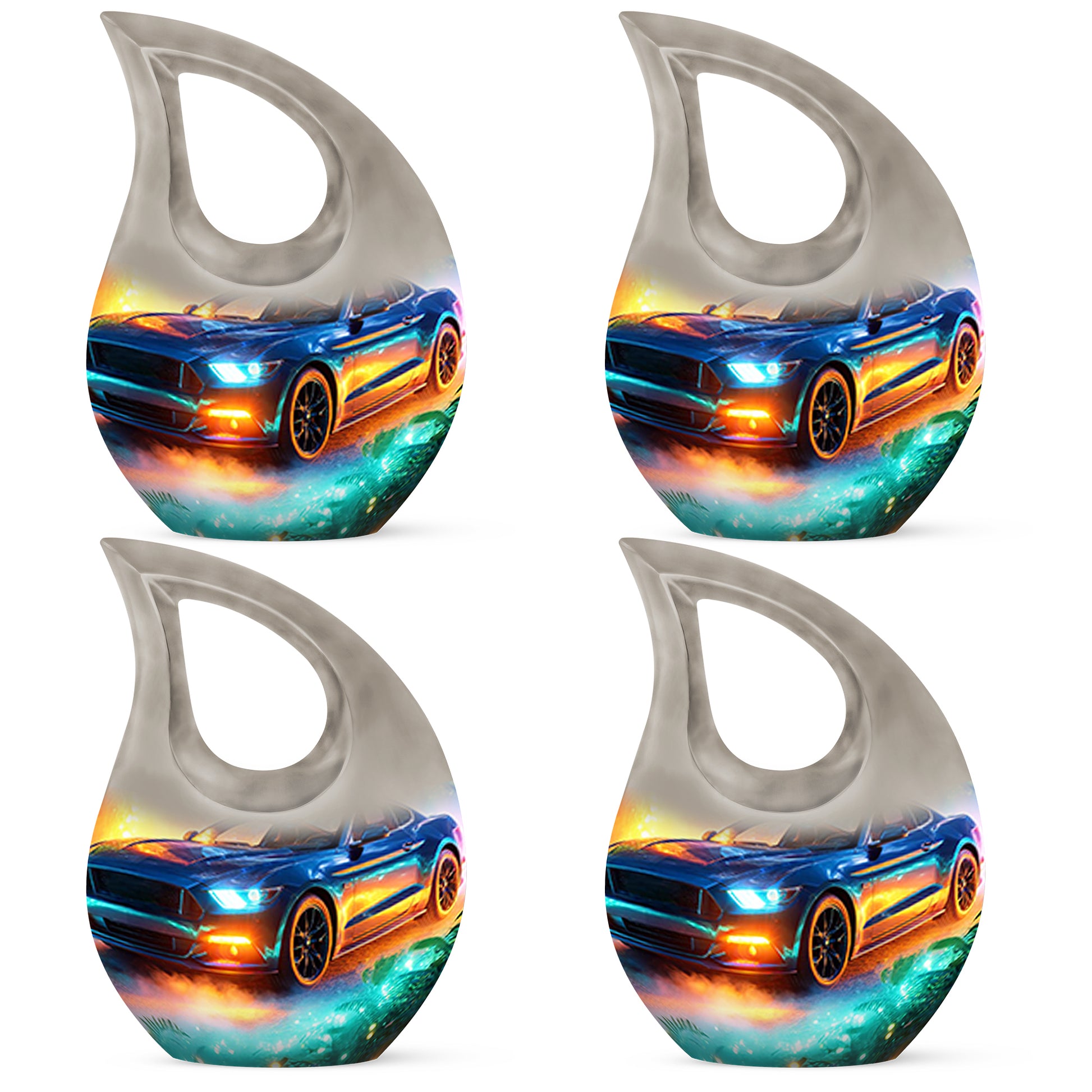 Vivid Teal Car Cremation Urn lifestyle display on memorial shelf - faith-inspired cross-drop urn with car pattern - 10 inch aluminum urn for cremated remains