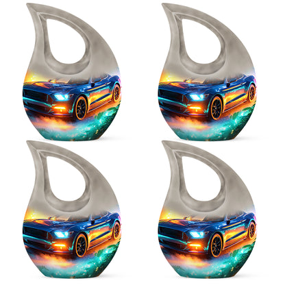 Vivid Teal Car Cremation Urn lifestyle display on memorial shelf - faith-inspired cross-drop urn with car pattern - 10 inch aluminum urn for cremated remains