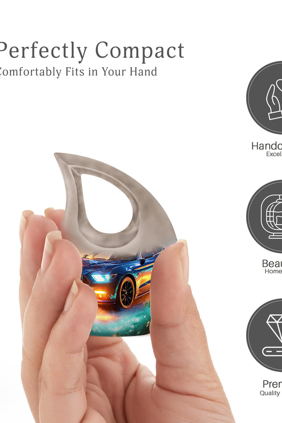Aqua Teal Car Cremation Urn back view with polished surface - faith-inspired cross-drop urn with car pattern - mini keepsake memorial for portion of cremation ashes