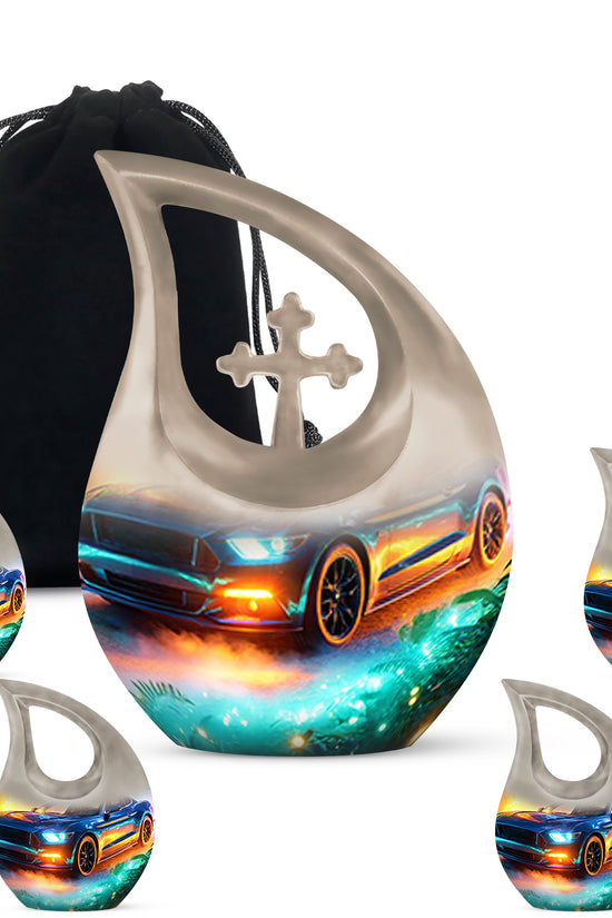 Jewel Teal Car Cremation Urn urn with complimentary velvet bag - sacred cross merged with car motif on metal - memorial set with one large and four small urns