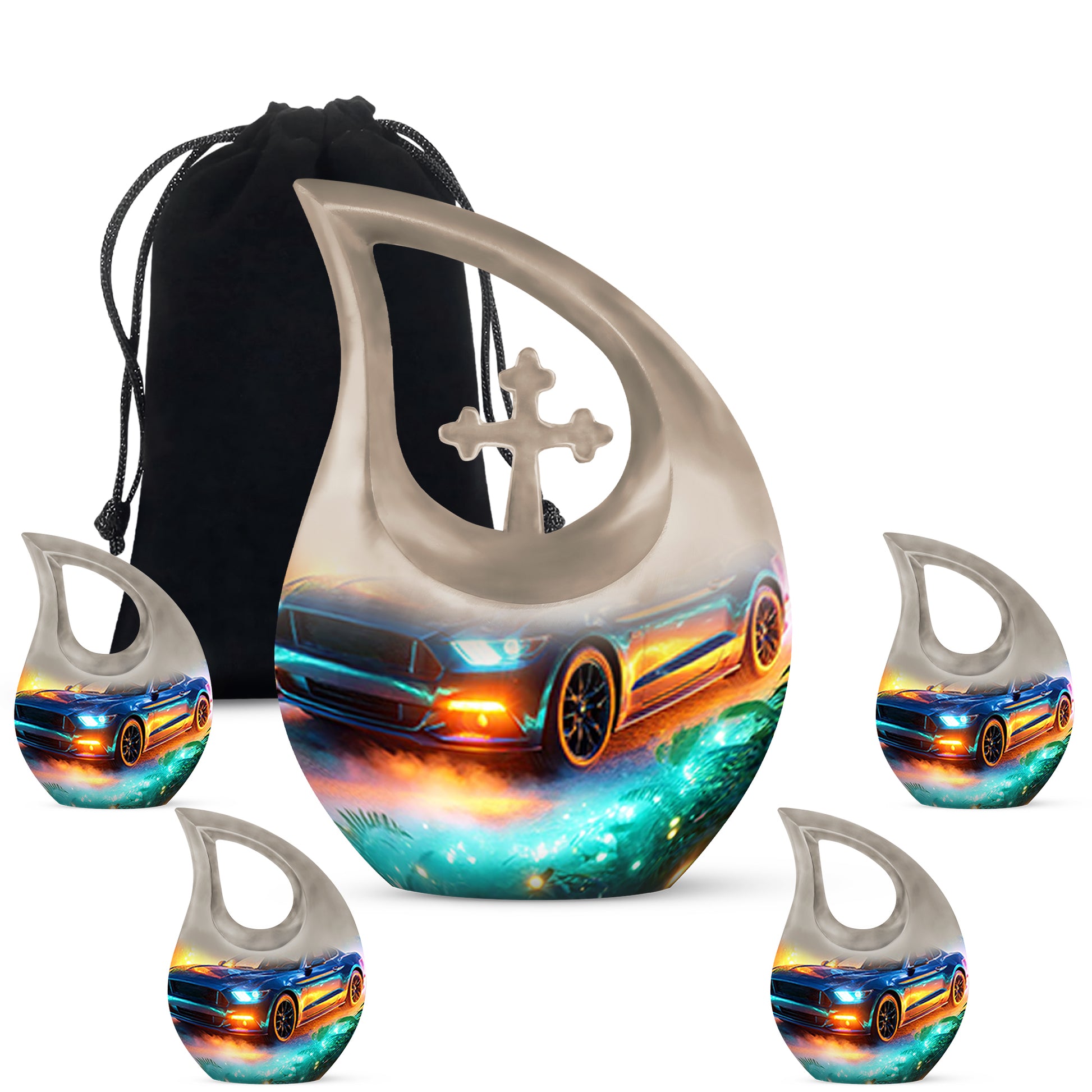Jewel Teal Car Cremation Urn urn with complimentary velvet bag - sacred cross merged with car motif on metal - memorial set with one large and four small urns