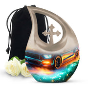 Sea Green Teal Car Cremation Urn top-down view of secure threaded lid - cross and car combined in spiritual memorial design - full-size 10 inch 200 cubic inch adult cremation urn