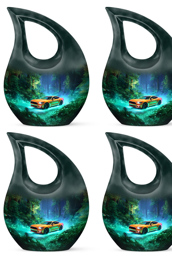 Deep Teal Car Cremation Urn lifestyle display on memorial shelf - devotional cross-drop car engraving - 10 inch aluminum urn for cremated remains