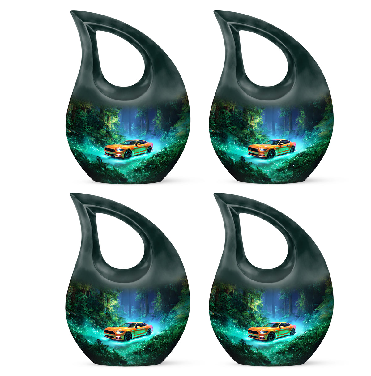Deep Teal Car Cremation Urn lifestyle display on memorial shelf - devotional cross-drop car engraving - 10 inch aluminum urn for cremated remains