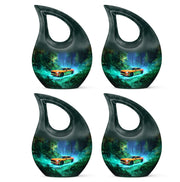Deep Teal Car Cremation Urn lifestyle display on memorial shelf - devotional cross-drop car engraving - 10 inch aluminum urn for cremated remains