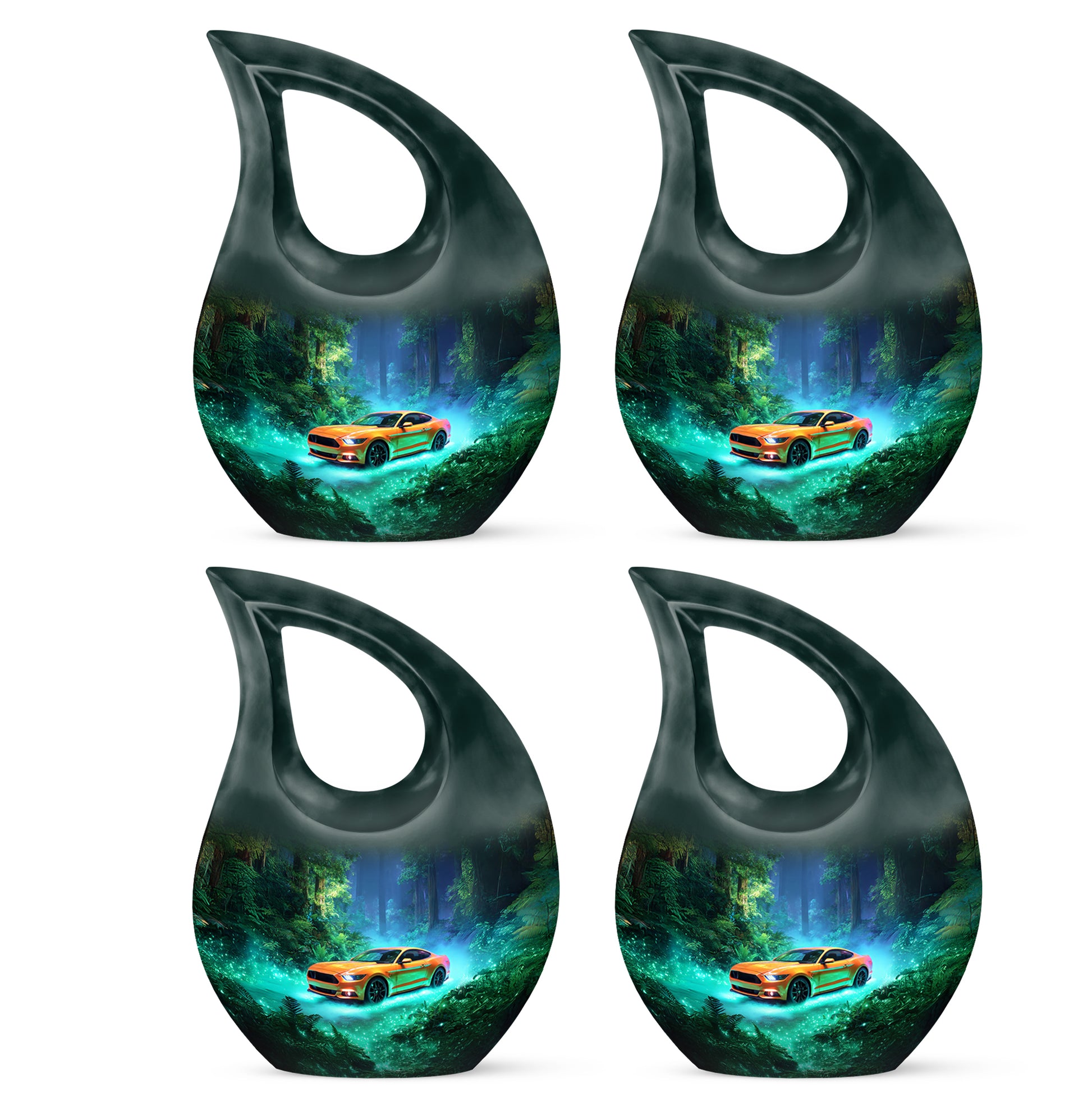 Deep Teal Car Cremation Urn lifestyle display on memorial shelf - devotional cross-drop car engraving - 10 inch aluminum urn for cremated remains