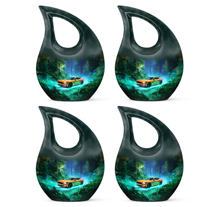Deep Teal Car Cremation Urn lifestyle display on memorial shelf - devotional cross-drop car engraving - 10 inch aluminum urn for cremated remains