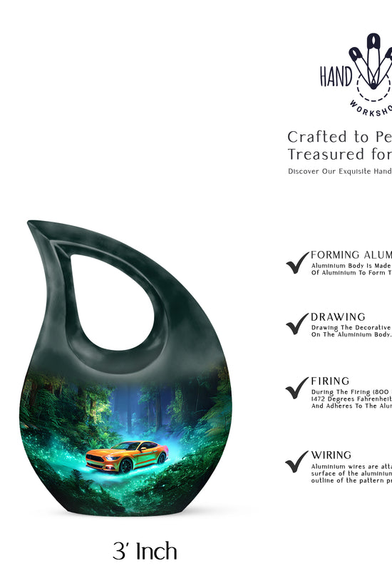 Ocean Teal Car Cremation Urn back view with polished surface - sacred cross merged with car motif on metal - mini keepsake memorial for portion of cremation ashes