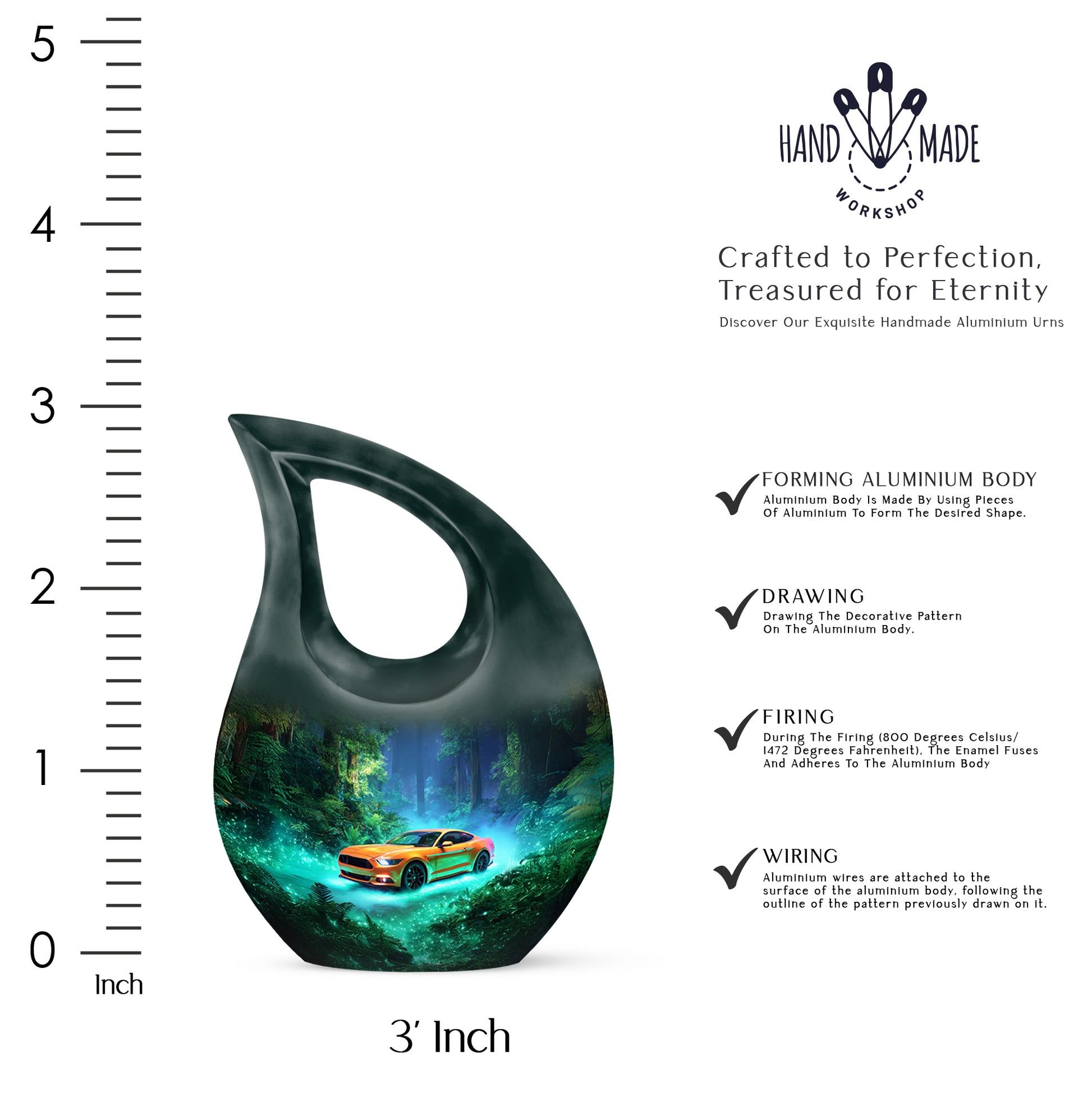 Ocean Teal Car Cremation Urn back view with polished surface - sacred cross merged with car motif on metal - mini keepsake memorial for portion of cremation ashes