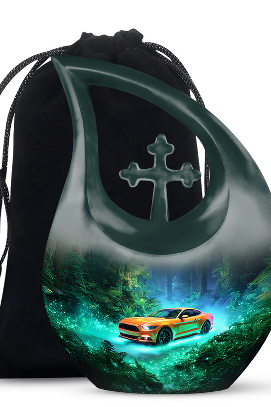 Deep Teal Car Cremation Urn top-down view of secure threaded lid - faith-inspired cross-drop urn with car pattern - full-size 10 inch 200 cubic inch adult cremation urn