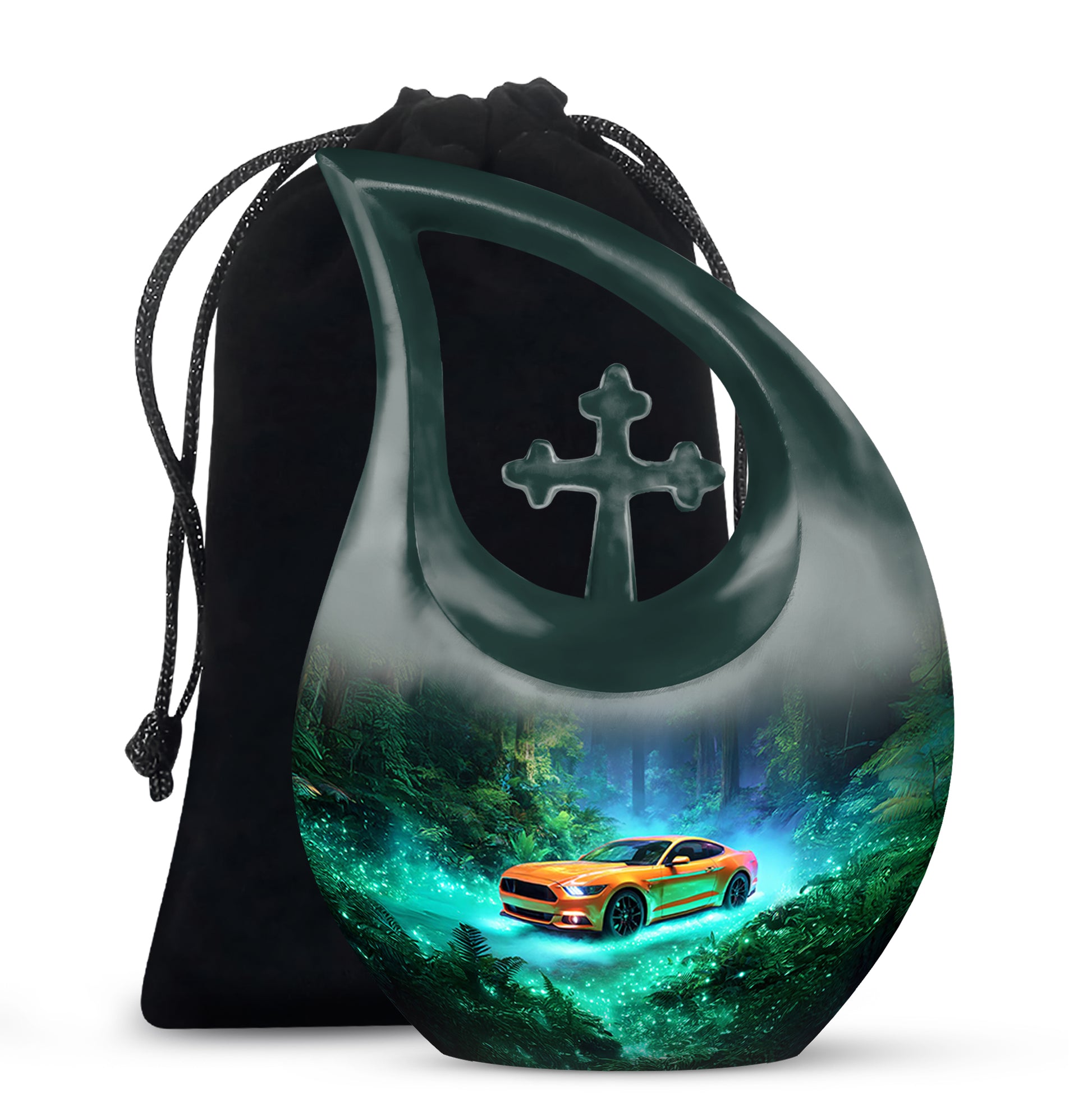 Deep Teal Car Cremation Urn top-down view of secure threaded lid - faith-inspired cross-drop urn with car pattern - full-size 10 inch 200 cubic inch adult cremation urn