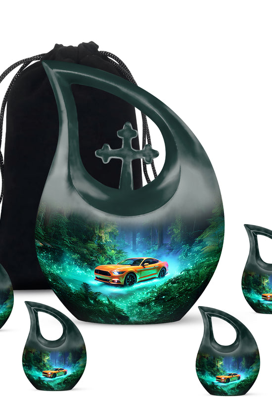 Deep Teal Car Cremation Urn urn with complimentary velvet bag - faith-inspired cross-drop urn with car pattern - memorial set with one large and four small urns