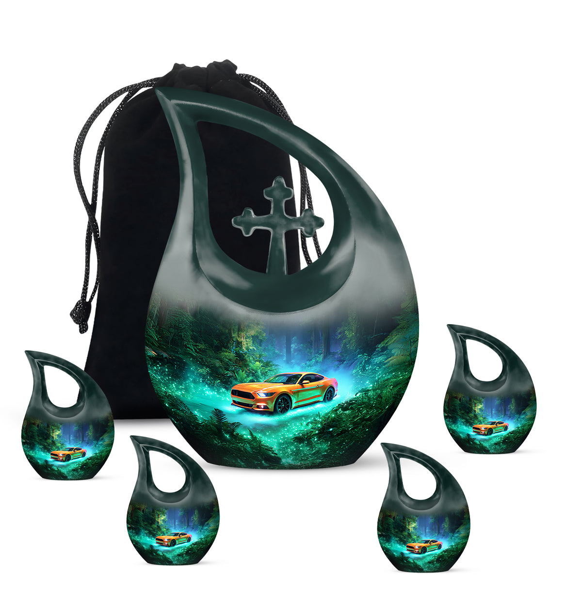 Deep Teal Car Cremation Urn urn with complimentary velvet bag - faith-inspired cross-drop urn with car pattern - memorial set with one large and four small urns