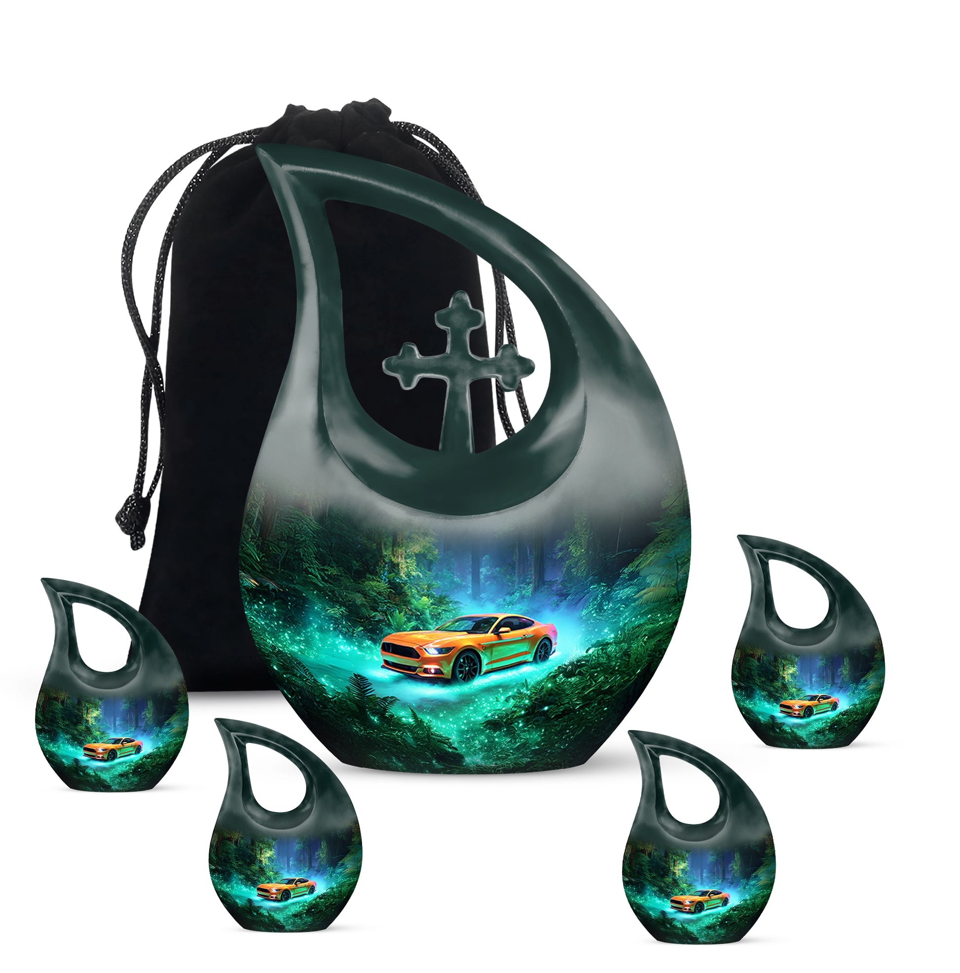 Deep Teal Car Cremation Urn urn with complimentary velvet bag - faith-inspired cross-drop urn with car pattern - memorial set with one large and four small urns