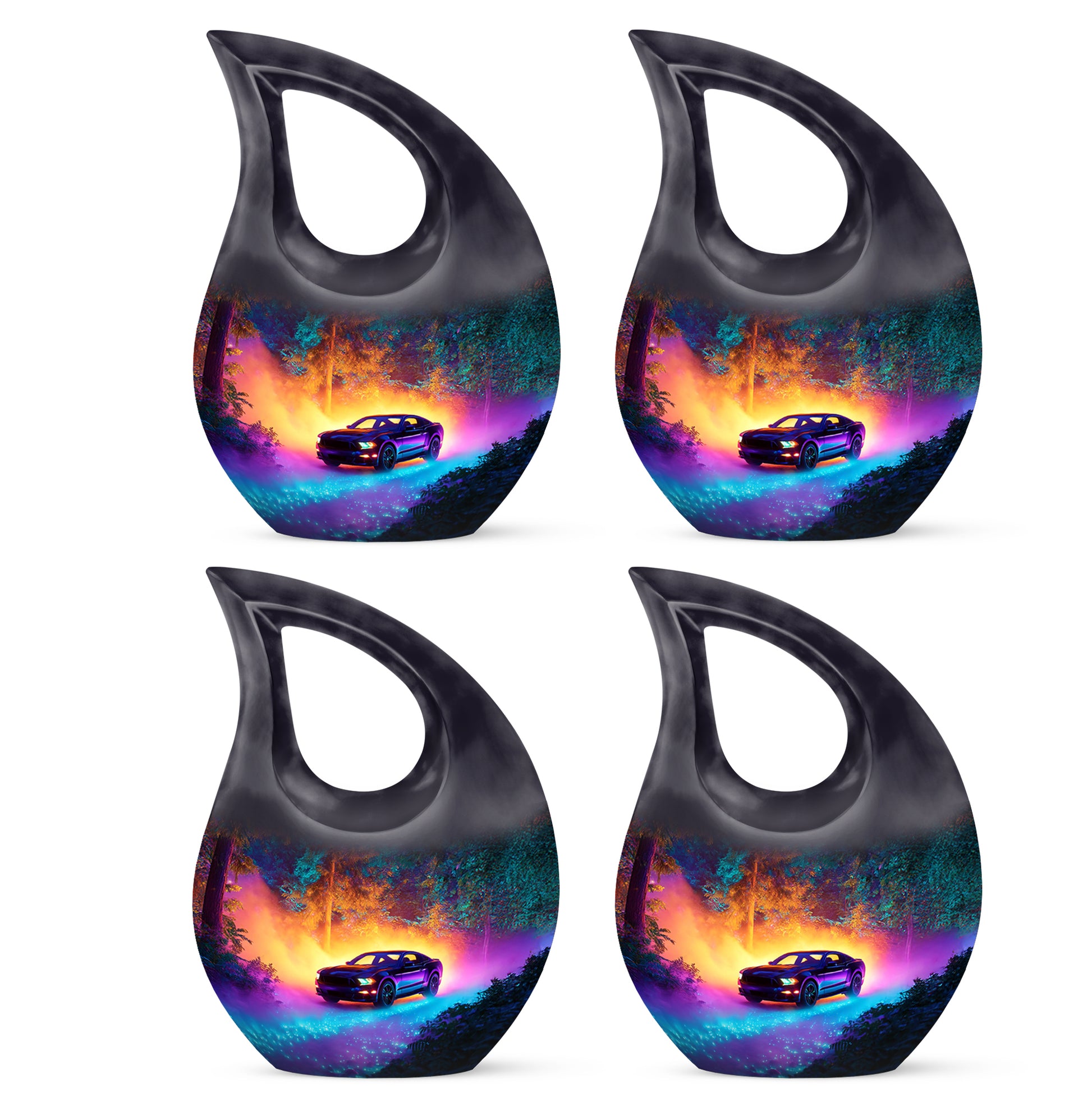 Pastel Blue Car Cremation Urn lifestyle display on memorial shelf - sacred cross merged with car motif on metal - 10 inch aluminum urn for cremated remains