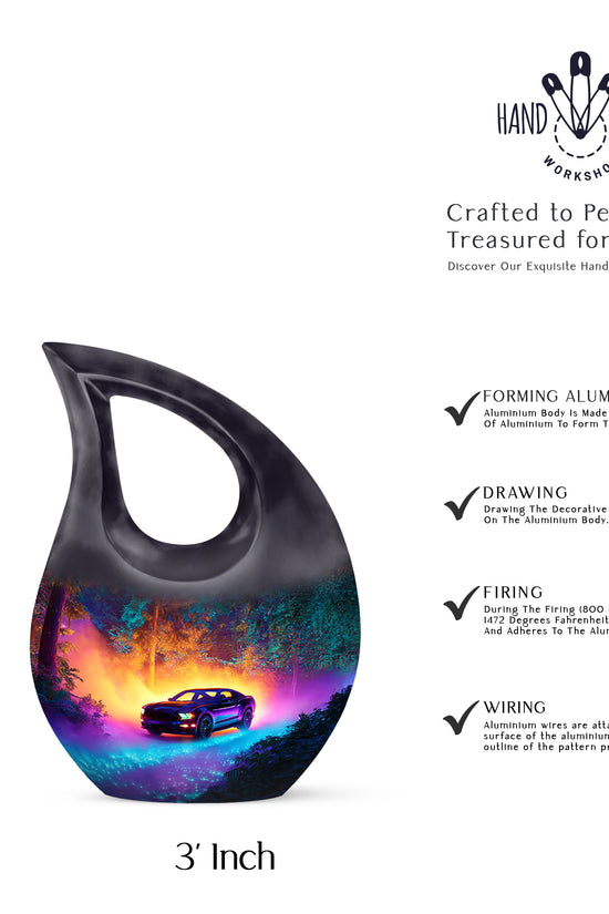 Bright Blue Car Cremation Urn back view with polished surface - faith-inspired cross-drop urn with car pattern - mini keepsake memorial for portion of cremation ashes