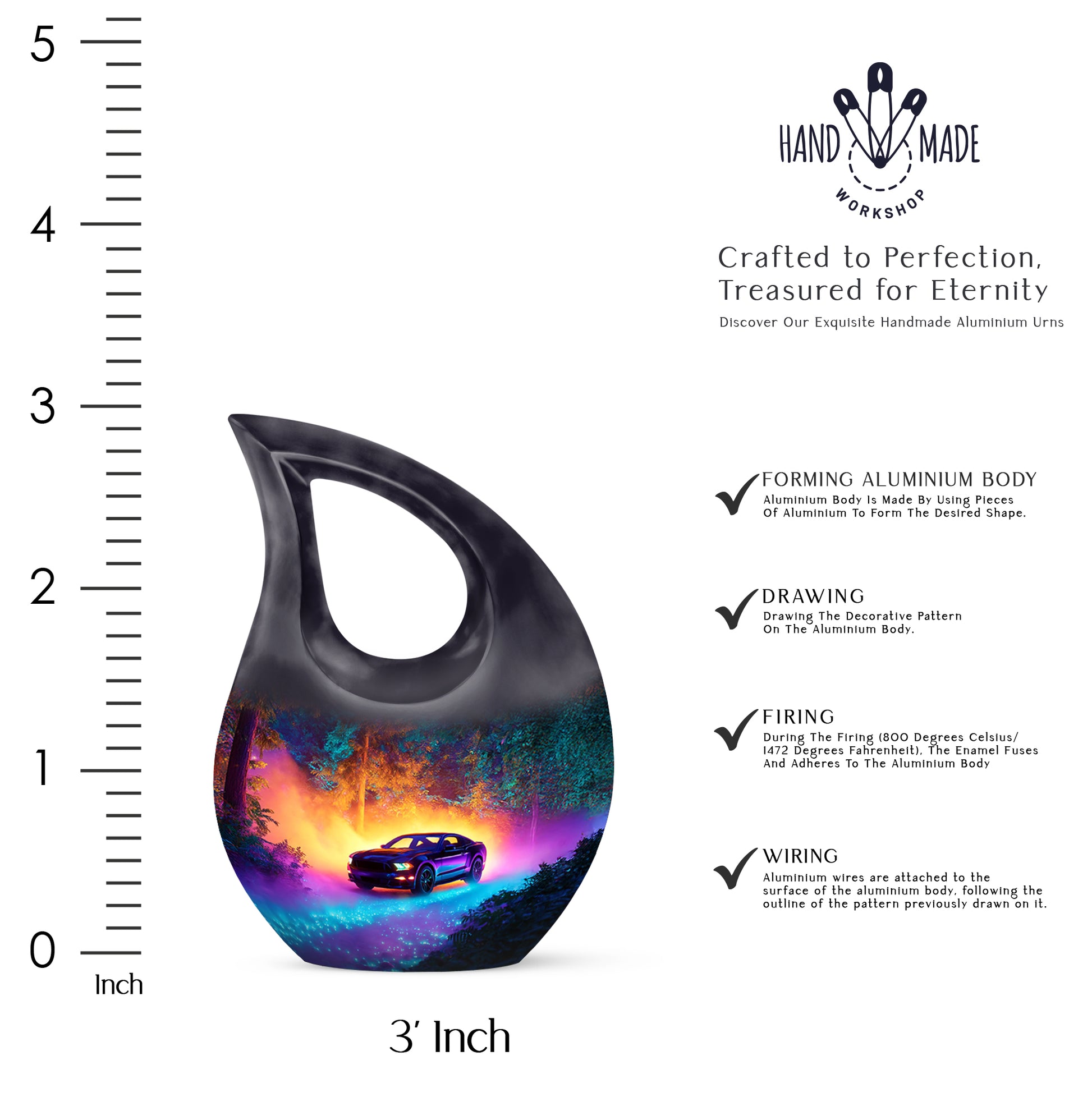 Bright Blue Car Cremation Urn back view with polished surface - faith-inspired cross-drop urn with car pattern - mini keepsake memorial for portion of cremation ashes