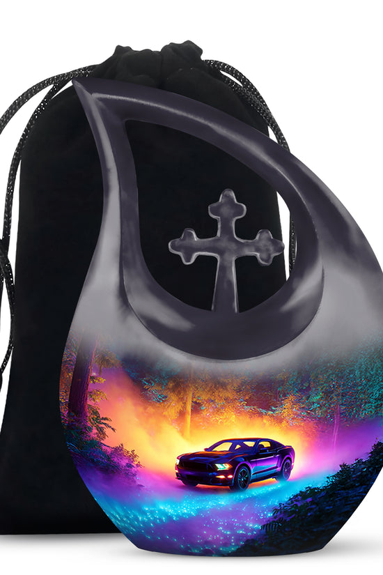 Misty Blue Car Cremation Urn top-down view of secure threaded lid - cross and car combined in spiritual memorial design - full-size 10 inch 200 cubic inch adult cremation urn