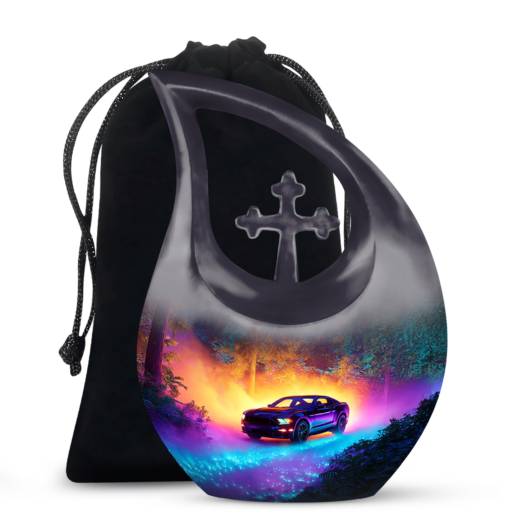 Misty Blue Car Cremation Urn top-down view of secure threaded lid - cross and car combined in spiritual memorial design - full-size 10 inch 200 cubic inch adult cremation urn
