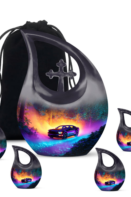Misty Blue Car Cremation Urn urn with complimentary velvet bag - sacred cross merged with car motif on metal - memorial set with one large and four small urns