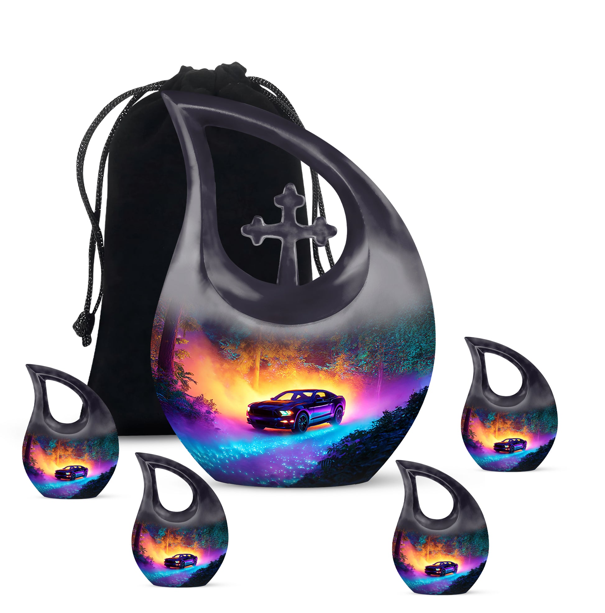 Misty Blue Car Cremation Urn urn with complimentary velvet bag - sacred cross merged with car motif on metal - memorial set with one large and four small urns