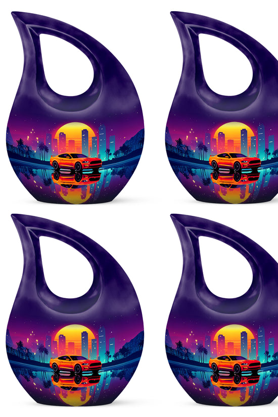 Majestic Purple Car Cremation Urn lifestyle display on memorial shelf - sacred cross merged with car motif on metal - 10 inch aluminum urn for cremated remains