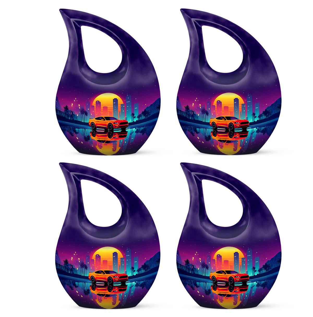 Majestic Purple Car Cremation Urn lifestyle display on memorial shelf - sacred cross merged with car motif on metal - 10 inch aluminum urn for cremated remains
