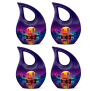 Majestic Purple Car Cremation Urn lifestyle display on memorial shelf - sacred cross merged with car motif on metal - 10 inch aluminum urn for cremated remains