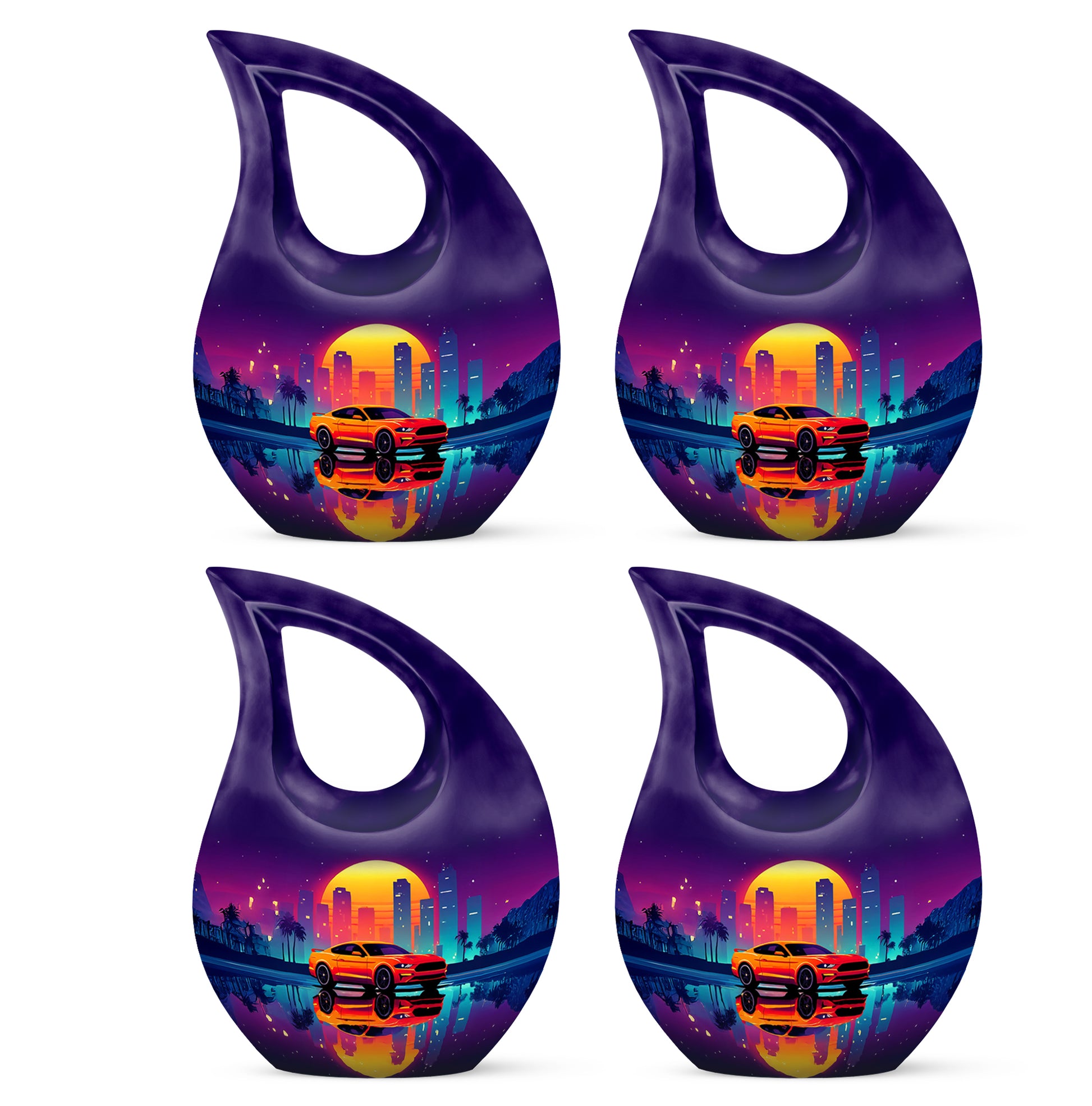 Majestic Purple Car Cremation Urn lifestyle display on memorial shelf - sacred cross merged with car motif on metal - 10 inch aluminum urn for cremated remains