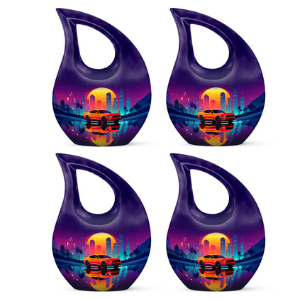 Majestic Purple Car Cremation Urn lifestyle display on memorial shelf - sacred cross merged with car motif on metal - 10 inch aluminum urn for cremated remains