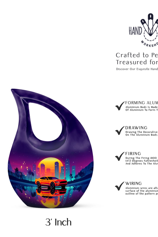 Royal Purple Car Cremation Urn back view with polished surface - faith-inspired cross-drop urn with car pattern - mini keepsake memorial for portion of cremation ashes