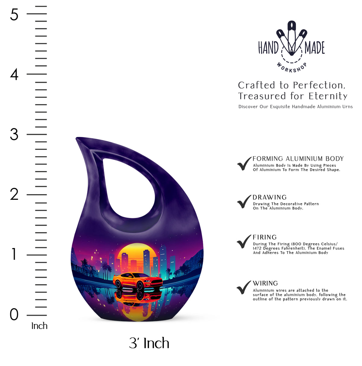 Royal Purple Car Cremation Urn back view with polished surface - faith-inspired cross-drop urn with car pattern - mini keepsake memorial for portion of cremation ashes