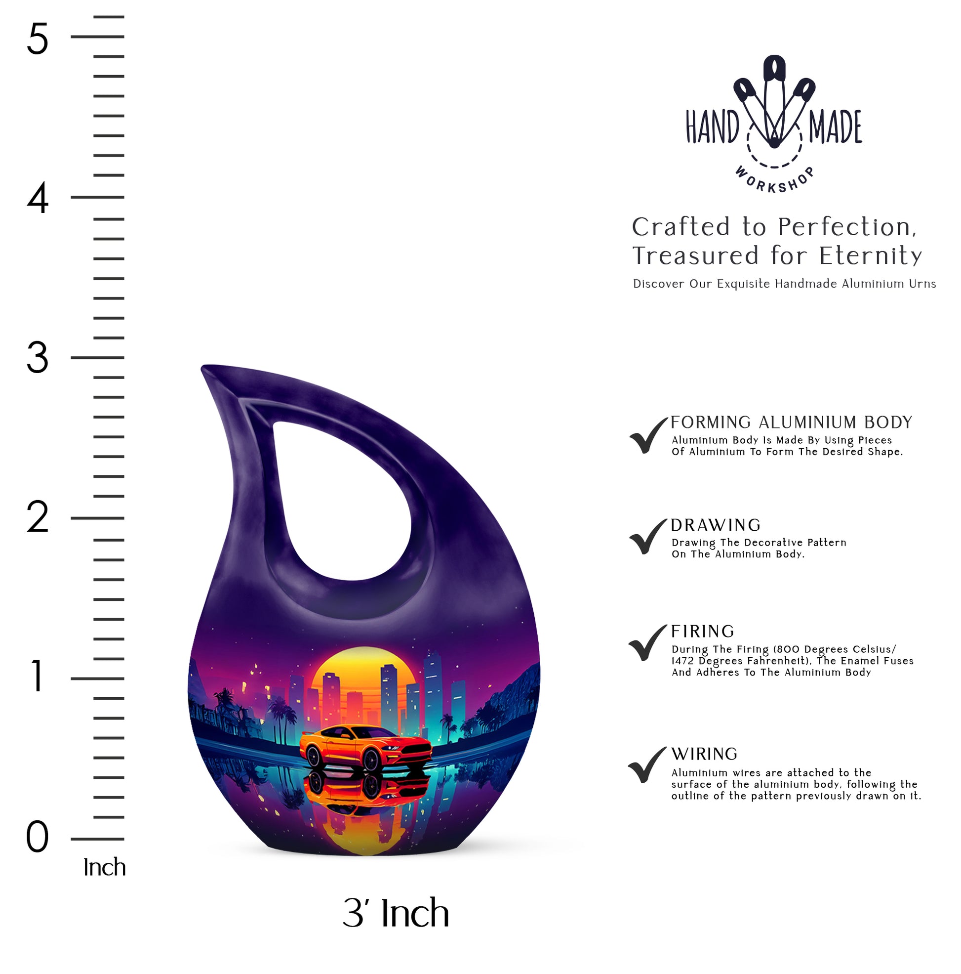 Royal Purple Car Cremation Urn back view with polished surface - faith-inspired cross-drop urn with car pattern - mini keepsake memorial for portion of cremation ashes