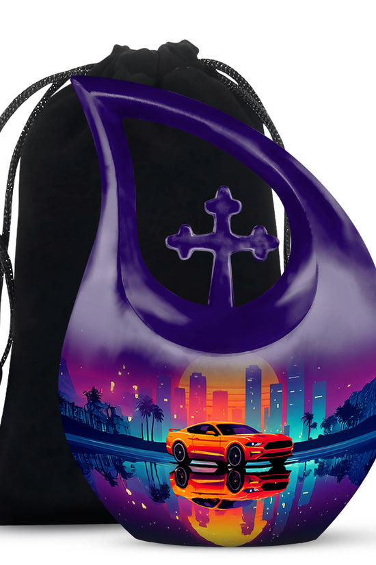 Deep Purple Car Cremation Urn top-down view of secure threaded lid - sacred cross merged with car motif on metal - full-size 10 inch 200 cubic inch adult cremation urn