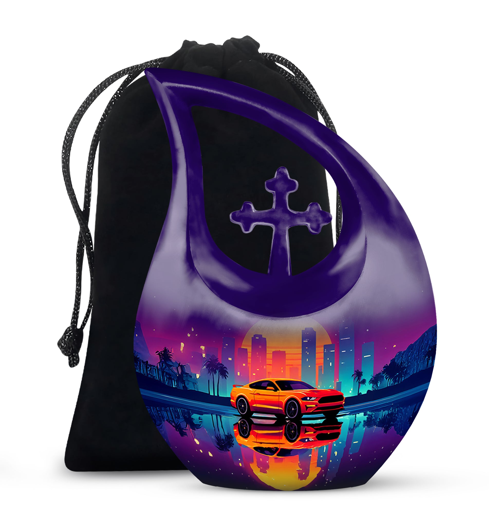 Deep Purple Car Cremation Urn top-down view of secure threaded lid - sacred cross merged with car motif on metal - full-size 10 inch 200 cubic inch adult cremation urn