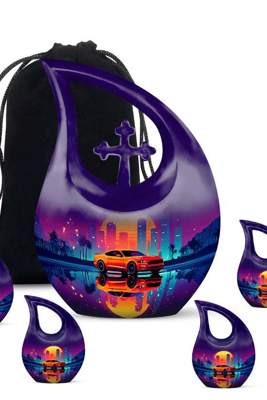 Twilight Purple Car Cremation Urn urn with complimentary velvet bag - devotional cross-drop car engraving - memorial set with one large and four small urns