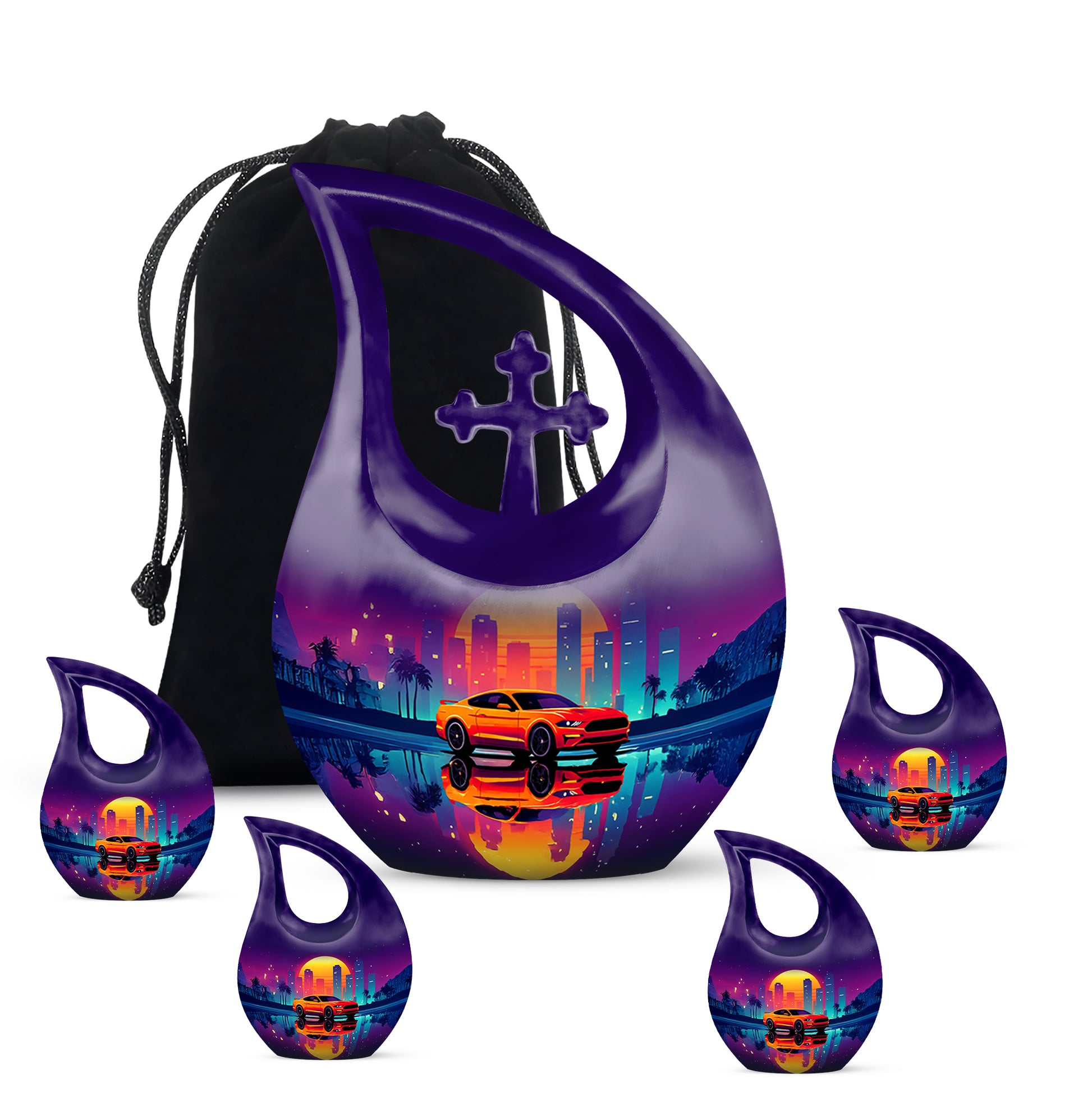 Twilight Purple Car Cremation Urn urn with complimentary velvet bag - devotional cross-drop car engraving - memorial set with one large and four small urns
