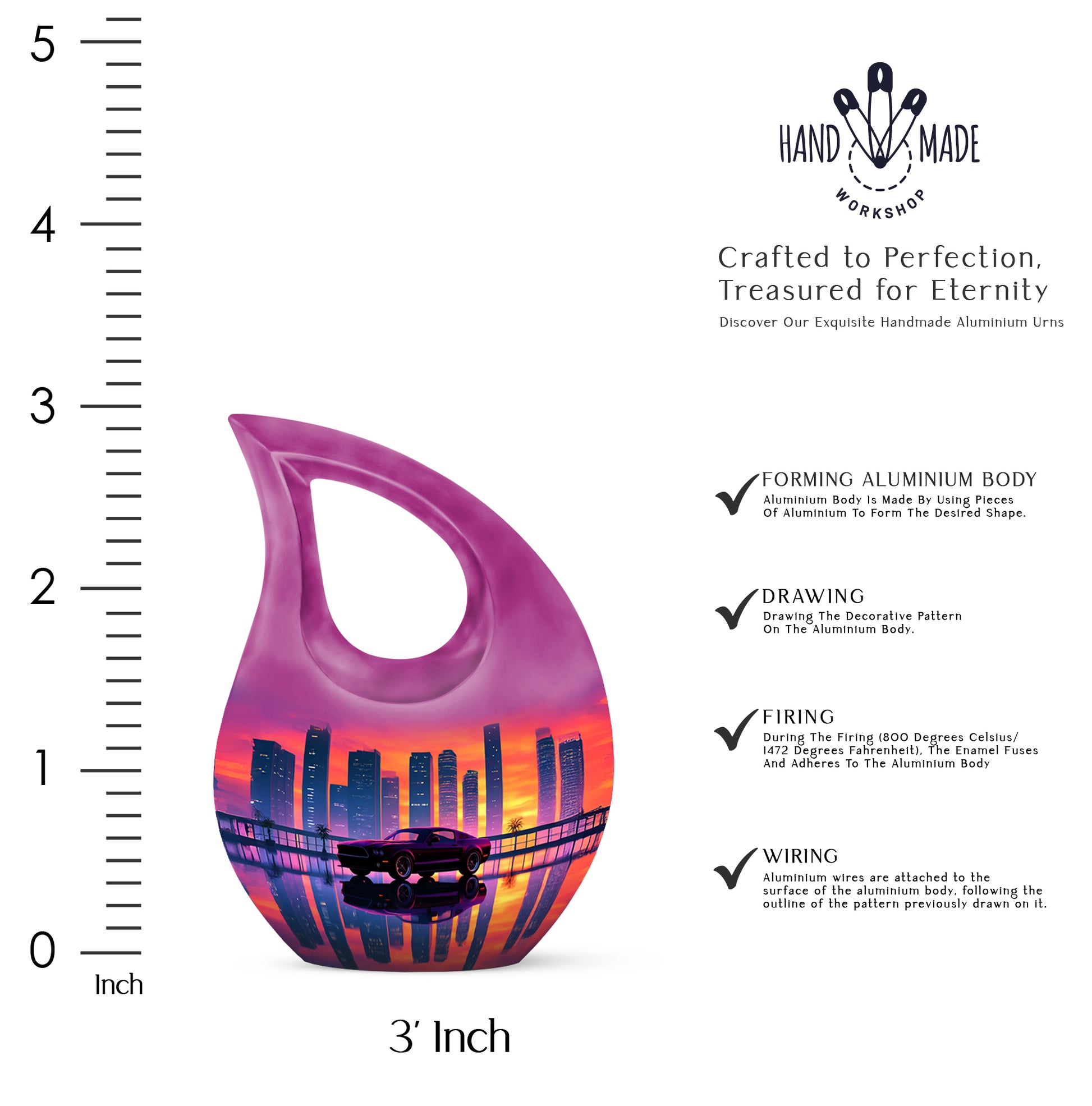 Rose Pink Car Cremation Urn back view with polished surface - sacred cross merged with car motif on metal - mini keepsake memorial for portion of cremation ashes