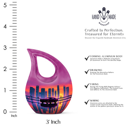 Rose Pink Car Cremation Urn back view with polished surface - sacred cross merged with car motif on metal - mini keepsake memorial for portion of cremation ashes