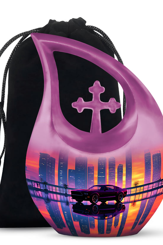 Rose Pink Car Cremation Urn top-down view of secure threaded lid - sacred cross merged with car motif on metal - full-size 10 inch 200 cubic inch adult cremation urn