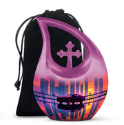 Rose Pink Car Cremation Urn top-down view of secure threaded lid - sacred cross merged with car motif on metal - full-size 10 inch 200 cubic inch adult cremation urn