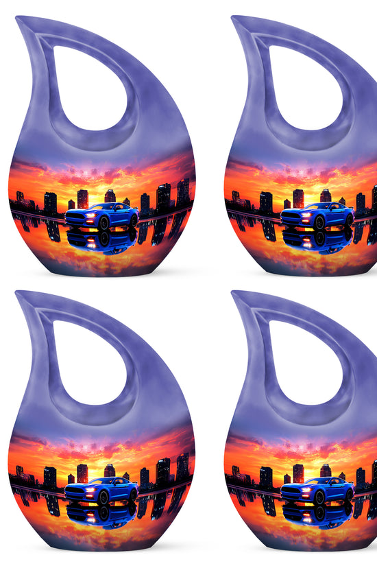 Violet Purple Car Cremation Urn lifestyle display on memorial shelf - devotional cross-drop car engraving - 10 inch aluminum urn for cremated remains