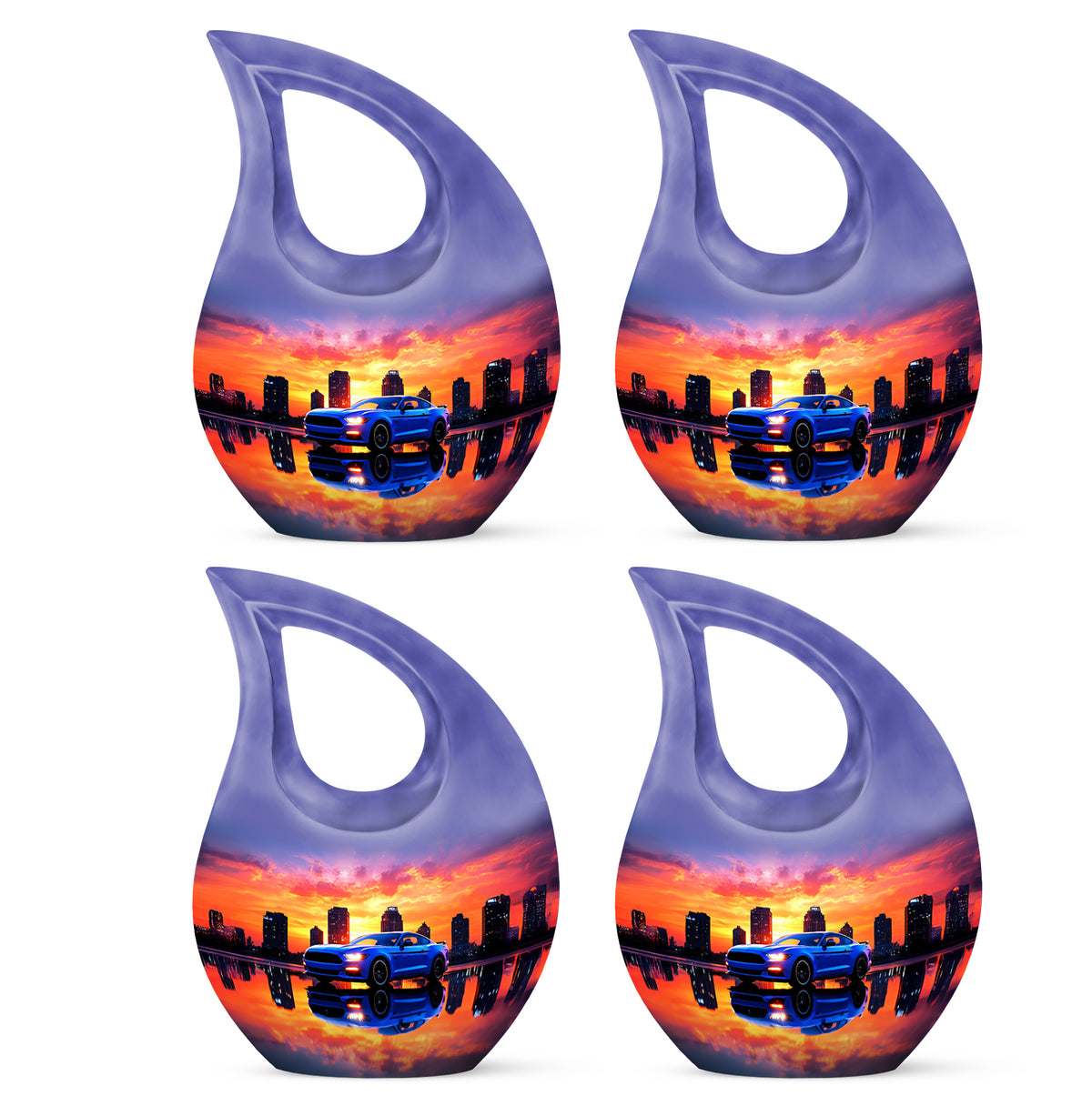 Violet Purple Car Cremation Urn lifestyle display on memorial shelf - devotional cross-drop car engraving - 10 inch aluminum urn for cremated remains