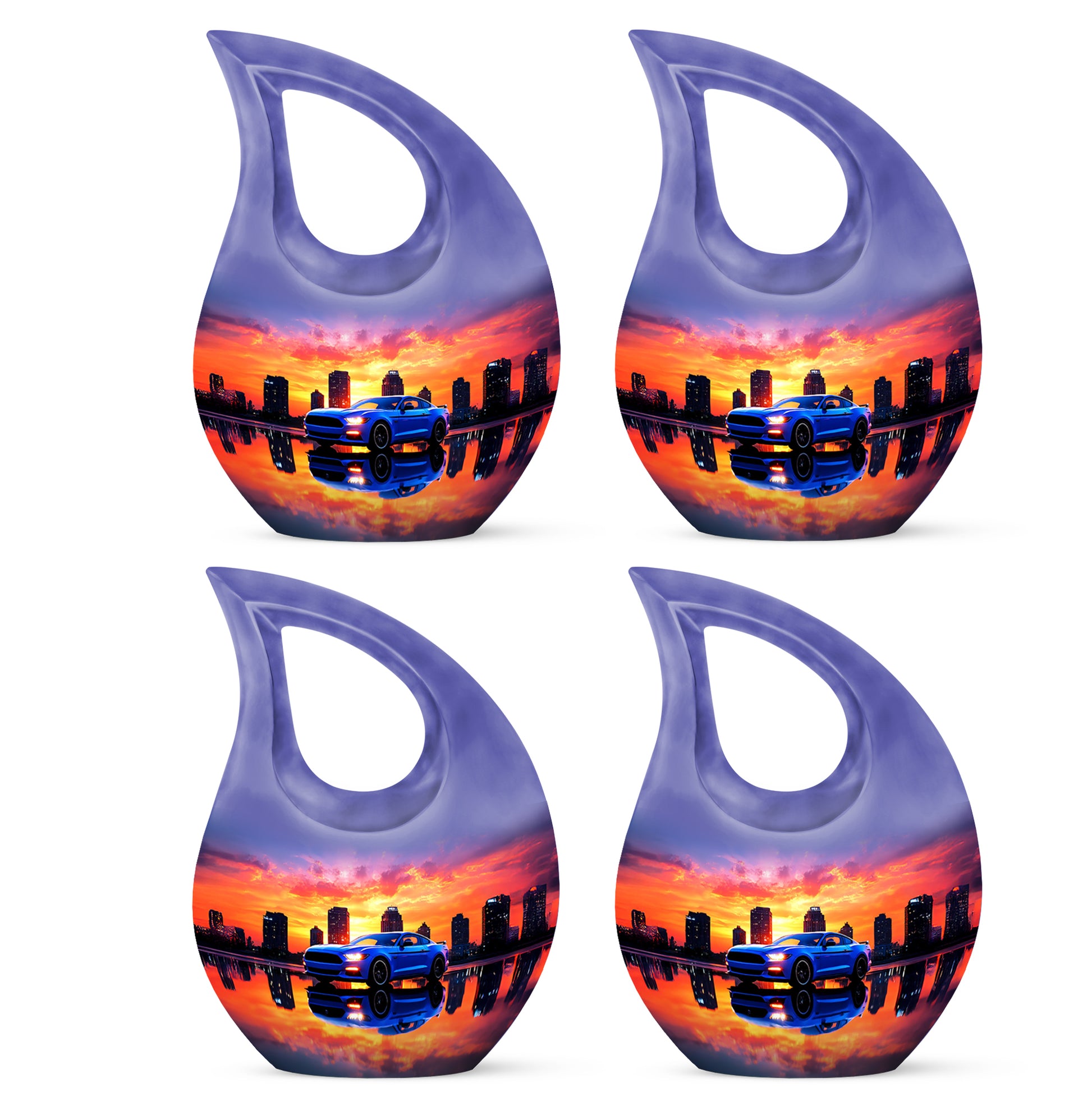 Violet Purple Car Cremation Urn lifestyle display on memorial shelf - devotional cross-drop car engraving - 10 inch aluminum urn for cremated remains
