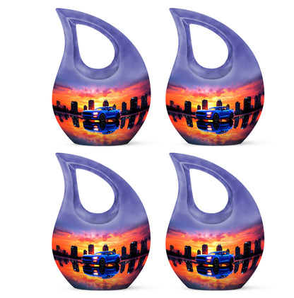 Violet Purple Car Cremation Urn lifestyle display on memorial shelf - devotional cross-drop car engraving - 10 inch aluminum urn for cremated remains