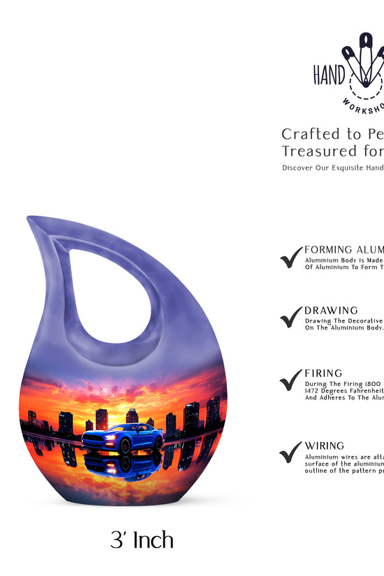 Majestic Purple Car Cremation Urn back view with polished surface - cross and car combined in spiritual memorial design - mini keepsake memorial for portion of cremation ashes