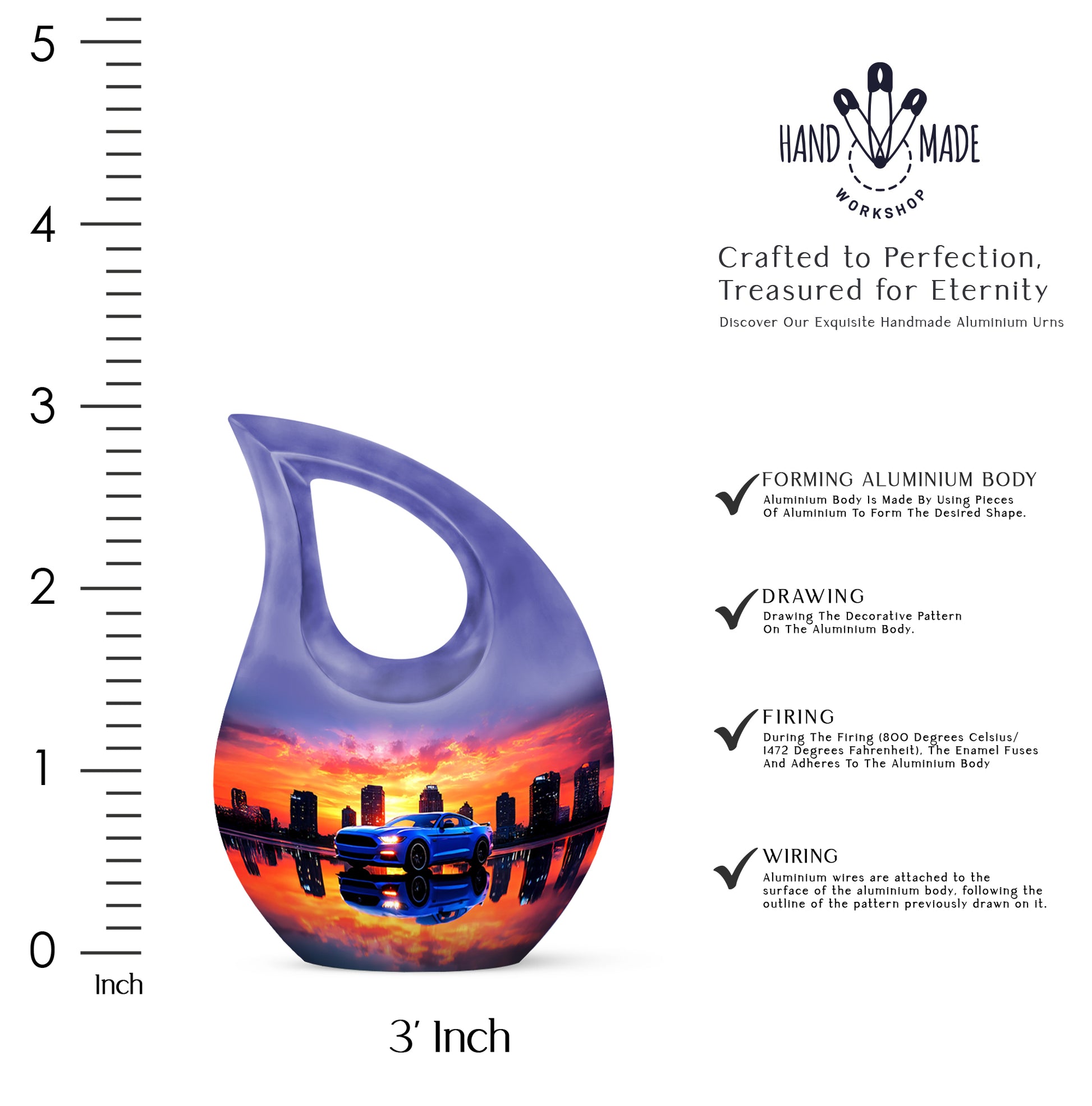 Majestic Purple Car Cremation Urn back view with polished surface - cross and car combined in spiritual memorial design - mini keepsake memorial for portion of cremation ashes