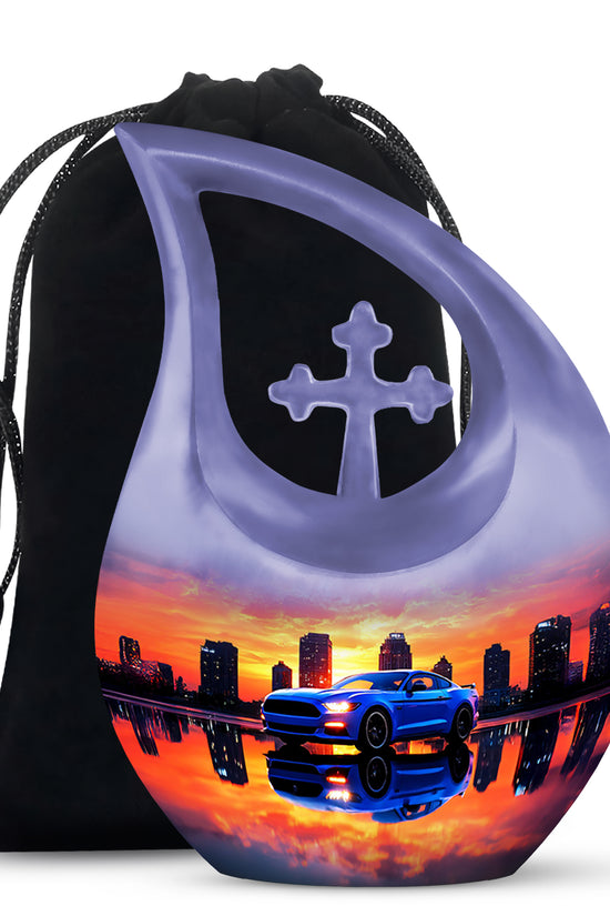 Royal Purple Car Cremation Urn top-down view of secure threaded lid - faith-inspired cross-drop urn with car pattern - full-size 10 inch 200 cubic inch adult cremation urn